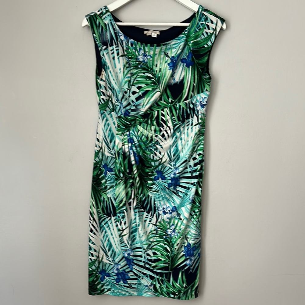 Tropical Green and Blue Sleeveless Faux Wrap Dress size 8P